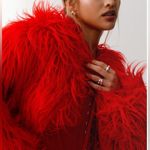 Nasty Gal Maxi Faux Mongolian Coat Red XS NWT IN PACKAGE - Picture 2 of 9